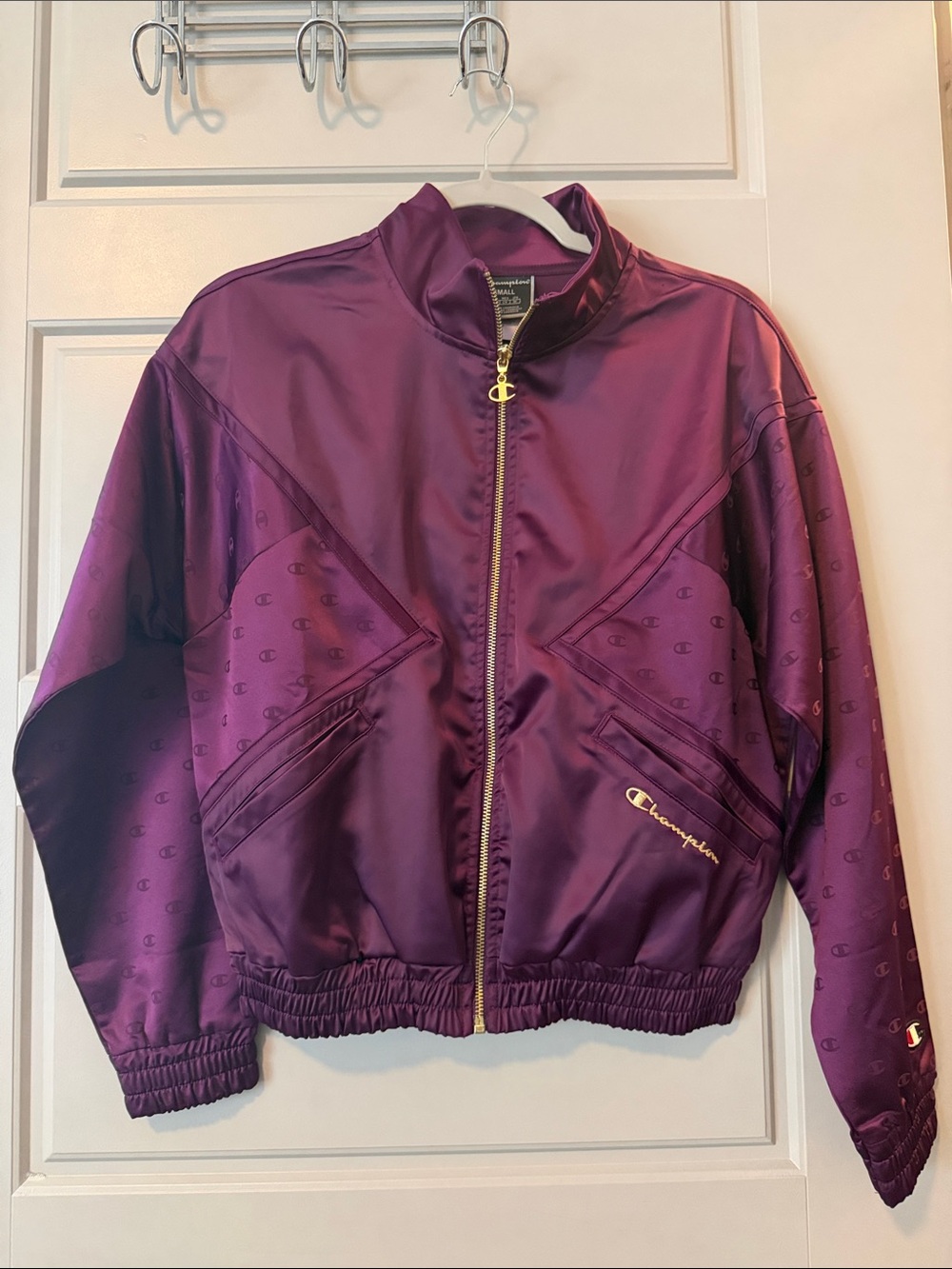 Champion Women's Satin Bomber Jacket in Plum Purple with Gold Zipper